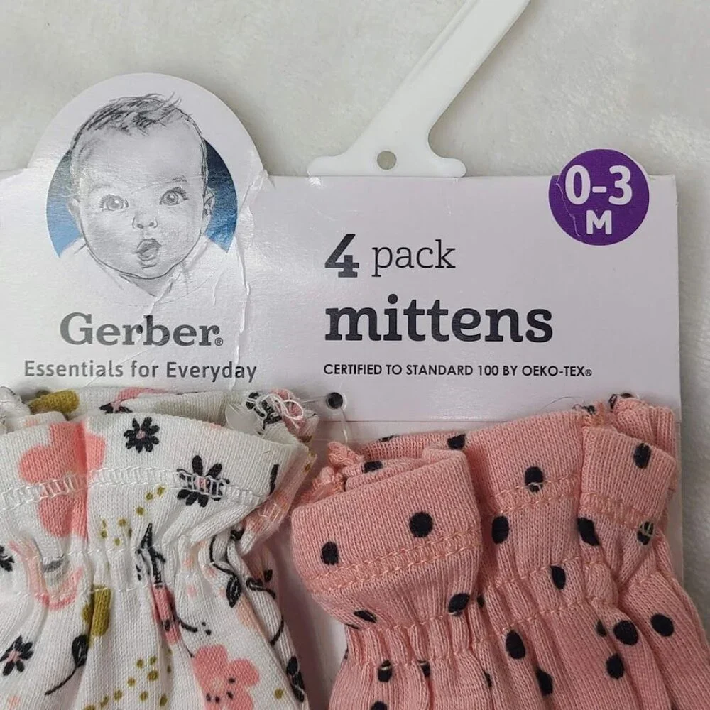 Gerber 4 Pack Baby Girl Mittens 0-3 Months New With Tags